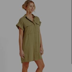 BANANA REPUBLIC Green Rolled Cuff Short Sleeve Utility Midi Dress